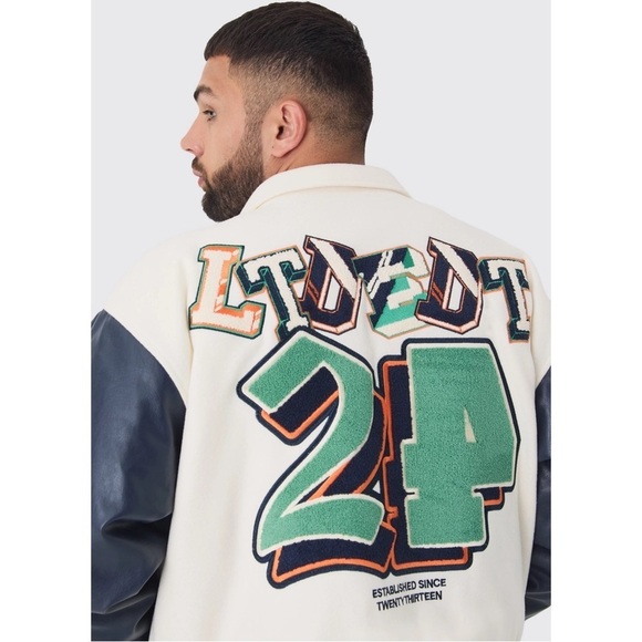 BOOHOOMAN • Plus Boxy BM Badge Collared Varsity Jacket In Ecru - Picture 4 of 10